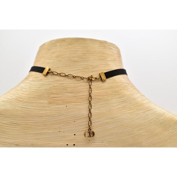 Christian Dior J’Adior Choker Necklace Black Ribbon Antiqued Gold Signed BinK